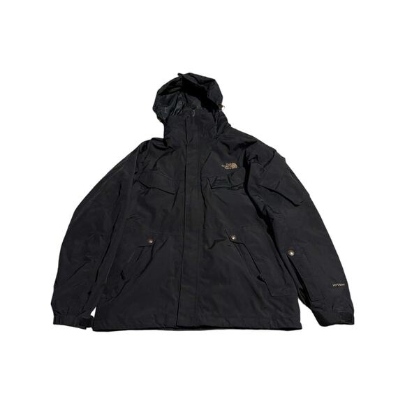 North Face Hyvent Jacket Multi Pocket Removable Hood Cargo Black Brown Logo Coat - Picture 1 of 13